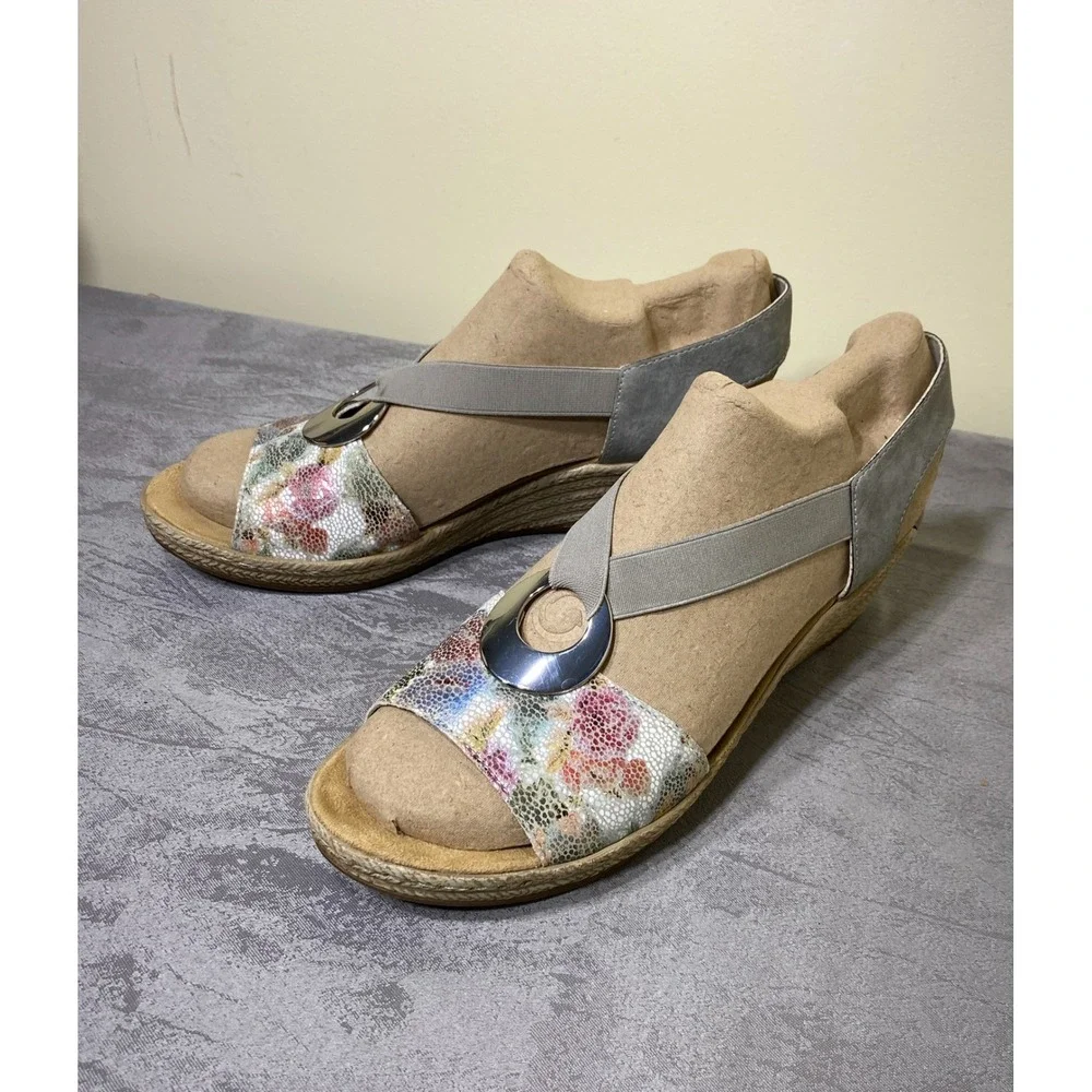 Rieker Antistress Floral Metallic Grey Wedge Espadrille Sandals 42 V8502-42